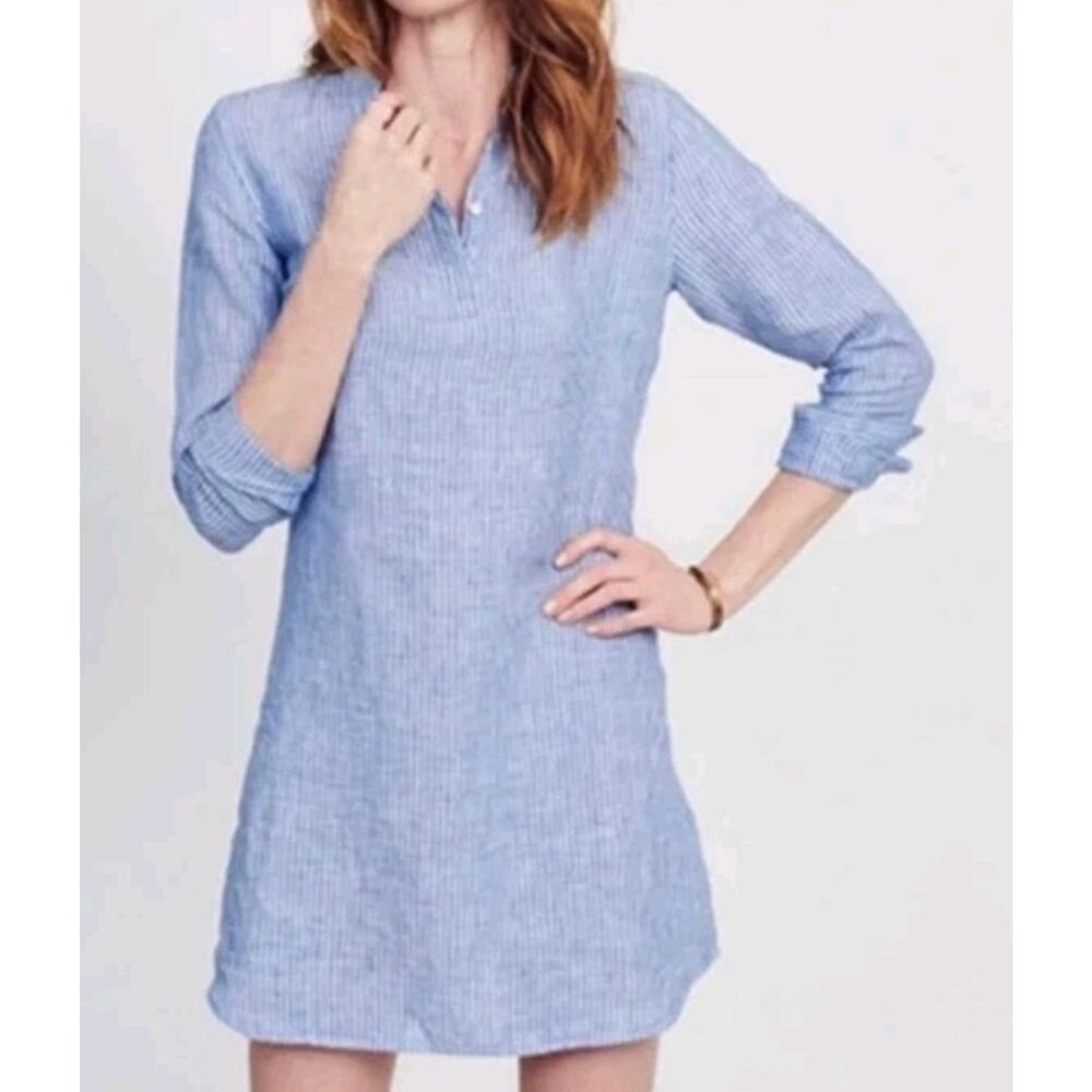 NEW UNTUCKit Womens 100% Linen Shirt Dress Size 18 Blue White Striped Constantia